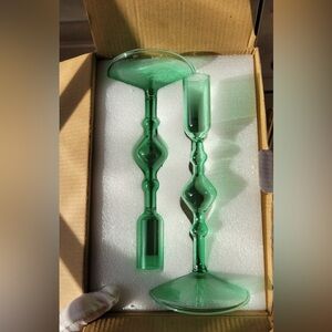 NWT POKETO Green Handmade Glass Taper Candlestick Holder Set Of 2 NOS Org Box